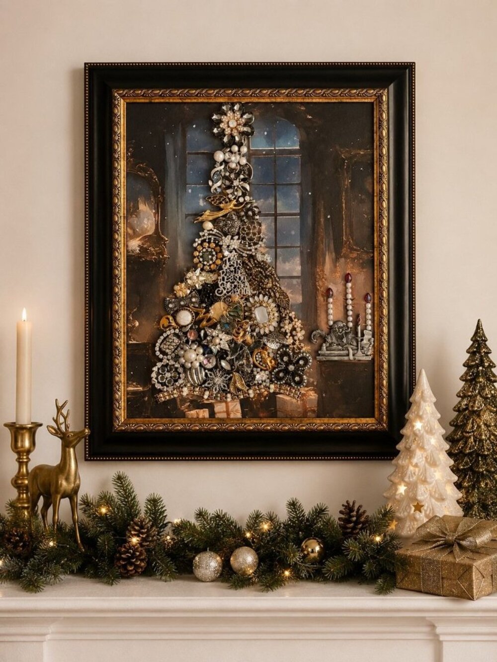 Designs By Betty Vintage Jewelry Christmas Tree Framed Wall Art OOAK 17.5 x 14.5